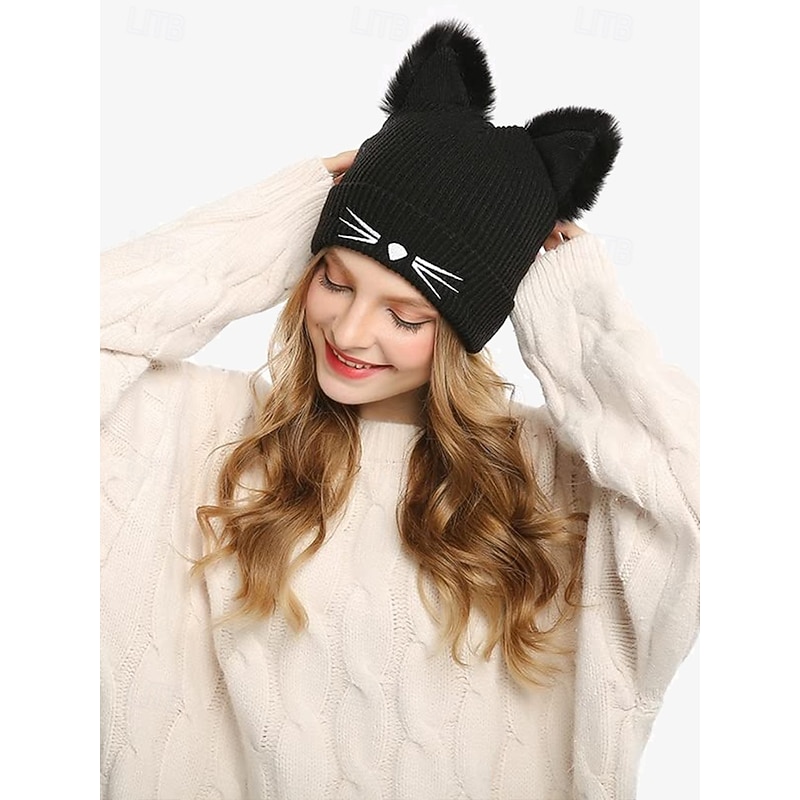Women's Cute Cat Ear Beanie – Burgundy Knit Hat with Faux Fur Ears and Whisker Embroidery, Cozy and Stylish Winter Accessory2