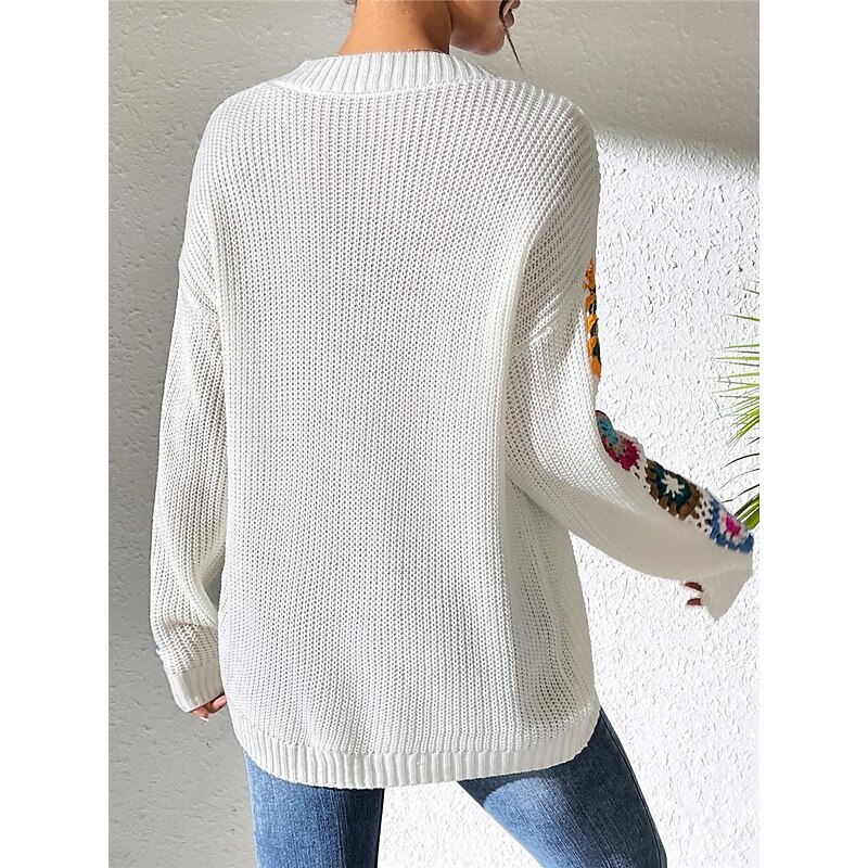 Women's Sweater Casual Soft Floral Crochet V Neck Knitted Long Sleeve Regular Tops Knit Outdoor Daily Weekend Black White Fall Winter2