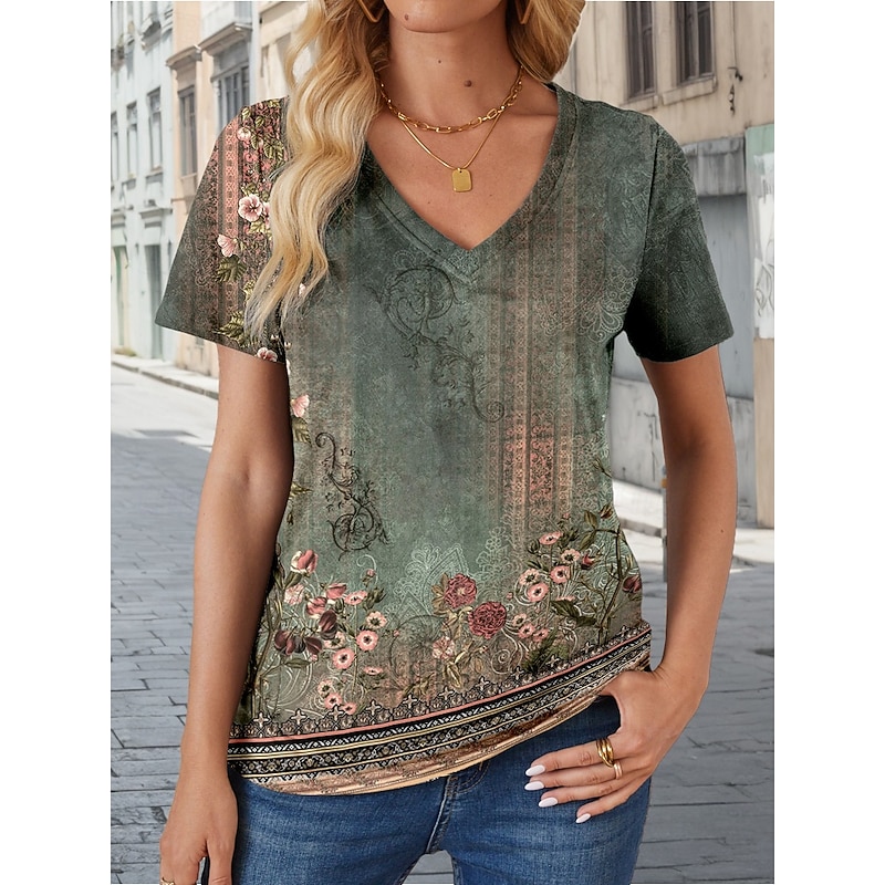 Women's T Shirt Vintage Casual Short Sleeve V Neck Regular Tops Daily Print Army Green Summer Spring