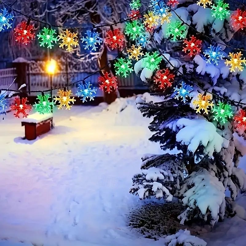 Solar Snowflake String Lights Outdoor Garden Star Fairy Lights Waterproof Festival Wedding Holiday Romantic Double Lights 8 Lighting Modes 100/200LEDs for Christmas Bedroom Courtyard Garden Window Decoration3
