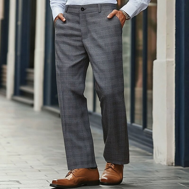 Men's Plaid Geometric Pattern Dress Pants Mid Waist Business Casual Formal Wedding Dailywear Zipper Pocket Straight Leg Trousers Summer Spring Fall 3D Print Gray