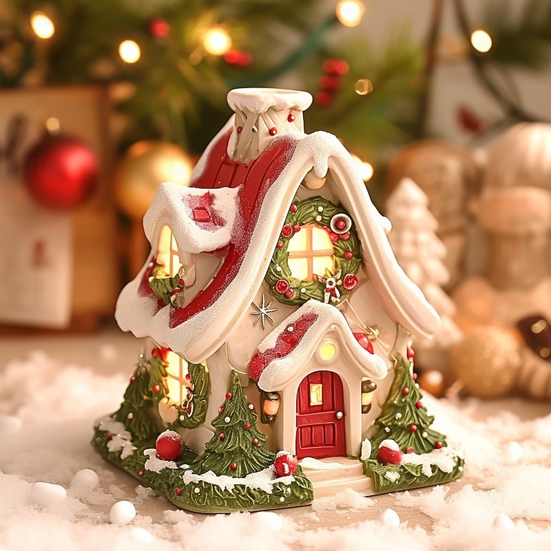 Christmas Cottage Incense Burner Resin Night Light for Christmas Holiday Home Decor, Festive Indoor Christmas Cottage Decoration2
