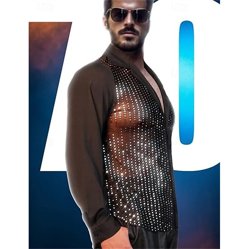 1970s 1980s Shiny Metallic Shirt Hippie Disco Sequins Fancy Dress Men's Carnival Costume Halloween Carnival New Year Party Club Pride Parade Adults' Shirt3