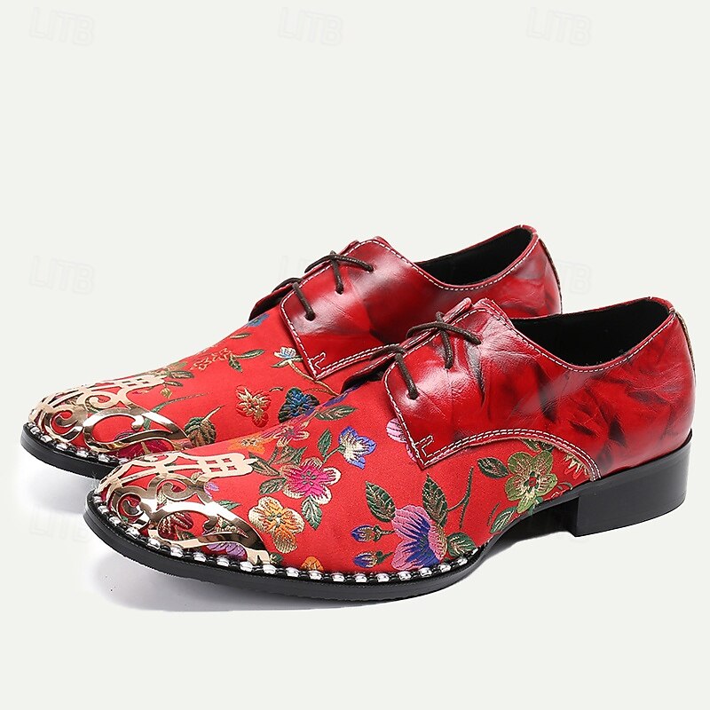 Men's Red Floral Lace-Up Oxford Shoes – Premium Cowhide Leather with Metal Toe Cap, Stylish Design for Weddings, Parties, and Special Occasions2