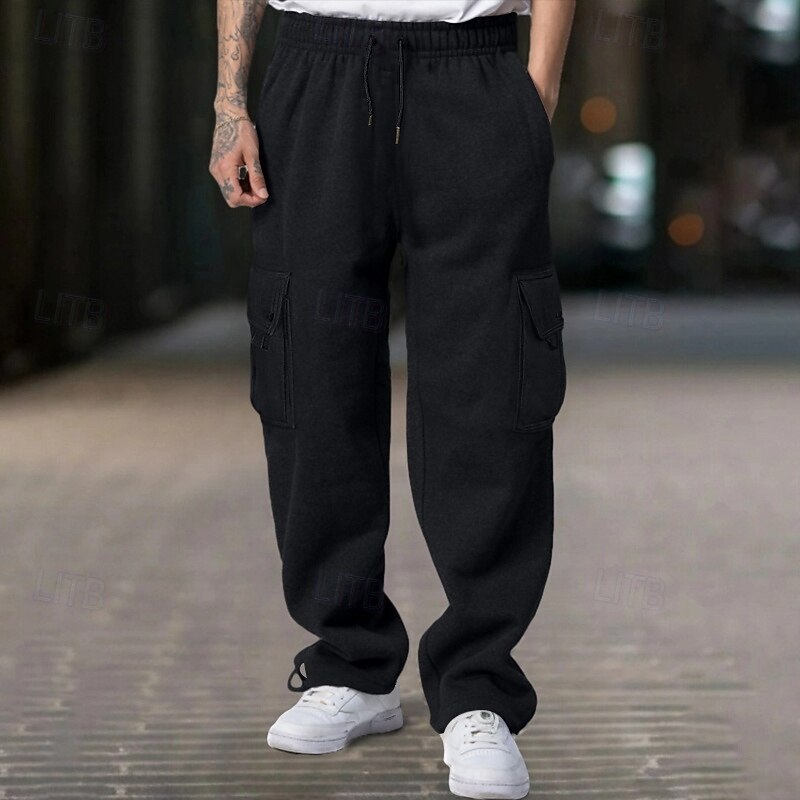 Men's Fleece Pants Sweatpants Joggers Trousers Cargo Sweatpants Drawstring Elastic Waist Multi Pocket Plain Comfort Warm Full Length Outdoor Casual Daily Sports Fashion Black White4