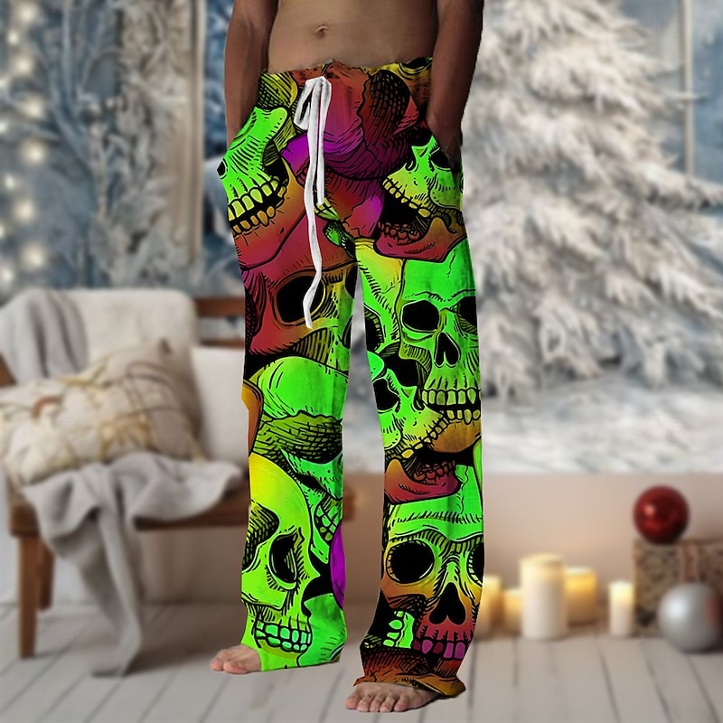 Men's Skulls Pants Trousers Mid Waist Drawstring Elastic Waist Casual Horror Outdoor Party Evening Wear Holiday Straight Leg Trousers Summer Spring Fall 3D Print Red Purple Green2