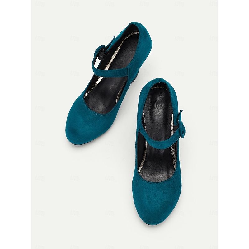 Women's Teal Suede Mary Jane Heels with Buckle Strap – Retro High Heel Pumps for Parties and Formal Events3