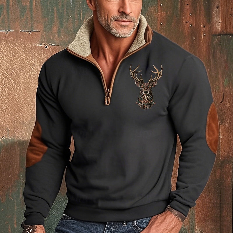Men's Sweatshirt Quarter Zip Sweatshirt Black Navy Blue Brown Gray Half Zip Reindeer Print Christmas Daily Holiday Polyester Streetwear Casual Bavarian Fall & Winter Clothing Apparel Hoodies2