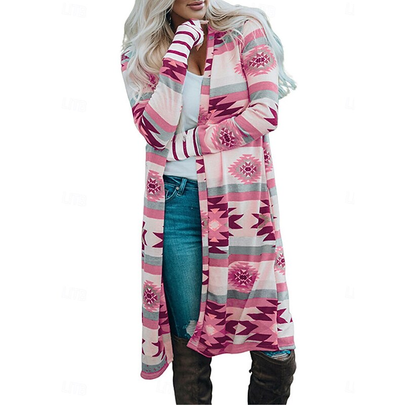 Women's Casual Jacket Outdoor Street Daily Wear Fall Long Coat Regular Fit Thermal Warm Breathable Stylish Casual Jacket Long Sleeve Geometric Print Pink Brown Rainbow4