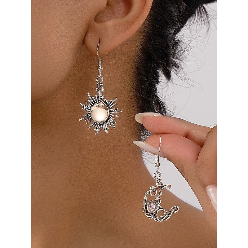 Vintage Sun and Moon Dangle Earrings - Silver-Tone Celestial Jewelry with Pearl and Crystal Accents for Women, Perfect for Boho and Casual Looks
