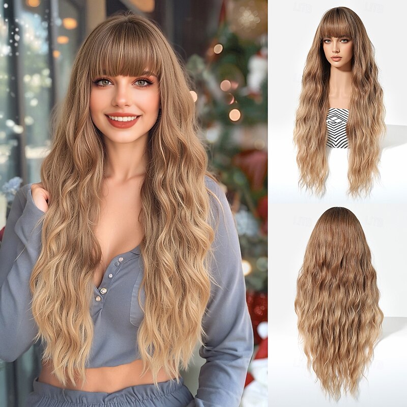 Synthetic Wig Uniforms Career Costumes Princess Curly Wavy Layered Haircut Braid With Bangs Machine Made Wig 28 inch Dark Brown Synthetic Hair Women's Cosplay Party Fashion Dark Brown