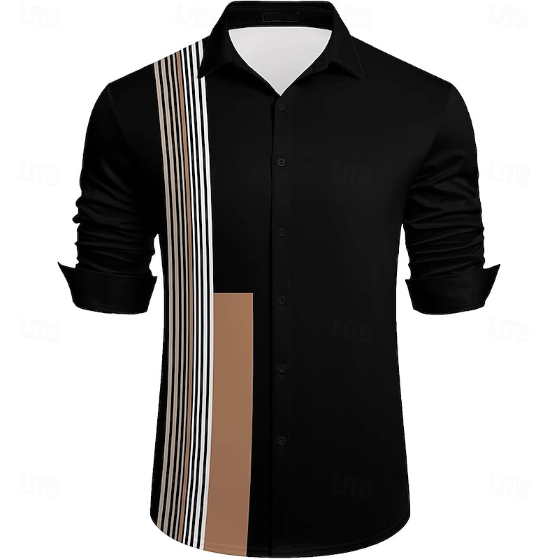 Men's Geometric Bowling Shirt Button Up Shirt Long Sleeve Casual Outdoor Vacation Spring Fall Turndown Button Up Black