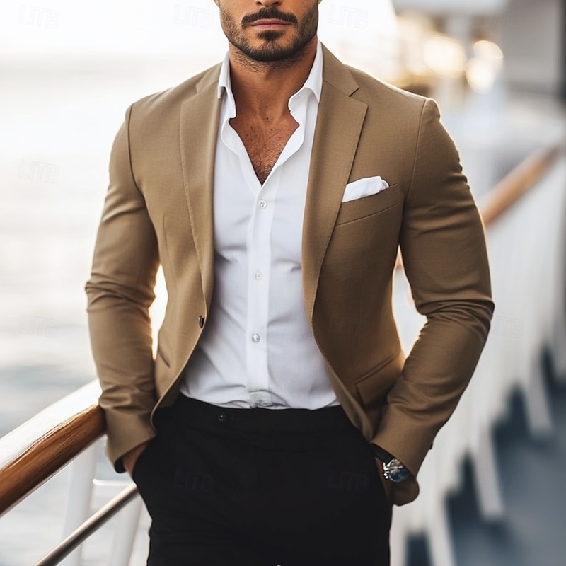 Men's Blazer Jacket Work Casual Daily Fashion Casual All Seasons Polyester Viscose Solid Colored Basic Single Breasted One-button Blazer Brown khaki