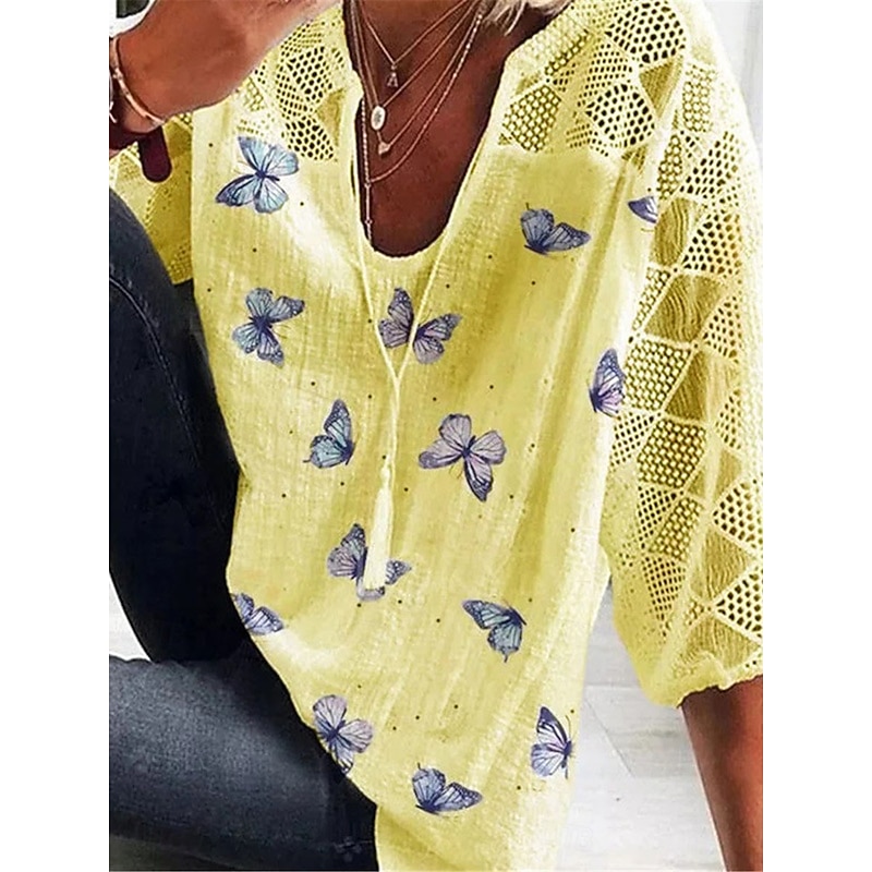 Women's Shirt Blouse Butterfly Daily Basic 3/4 Length Sleeve V Neck Regular Tops Daily Patchwork Print White Yellow Blue Summer Spring3
