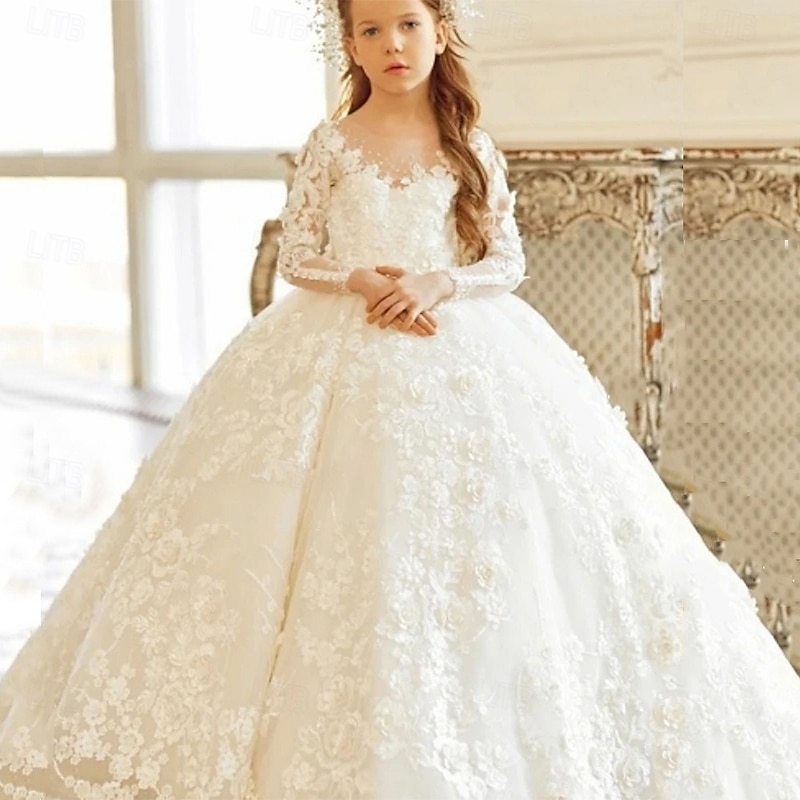Kids Girls' Flower Girl Dress Dress First Communion Dress Solid Color Long Sleeve Formal Performance Wedding Mesh Elegant Princess Mesh Lace Full-Length Sheath Dress Tulle Dress Summer Spring Fall3