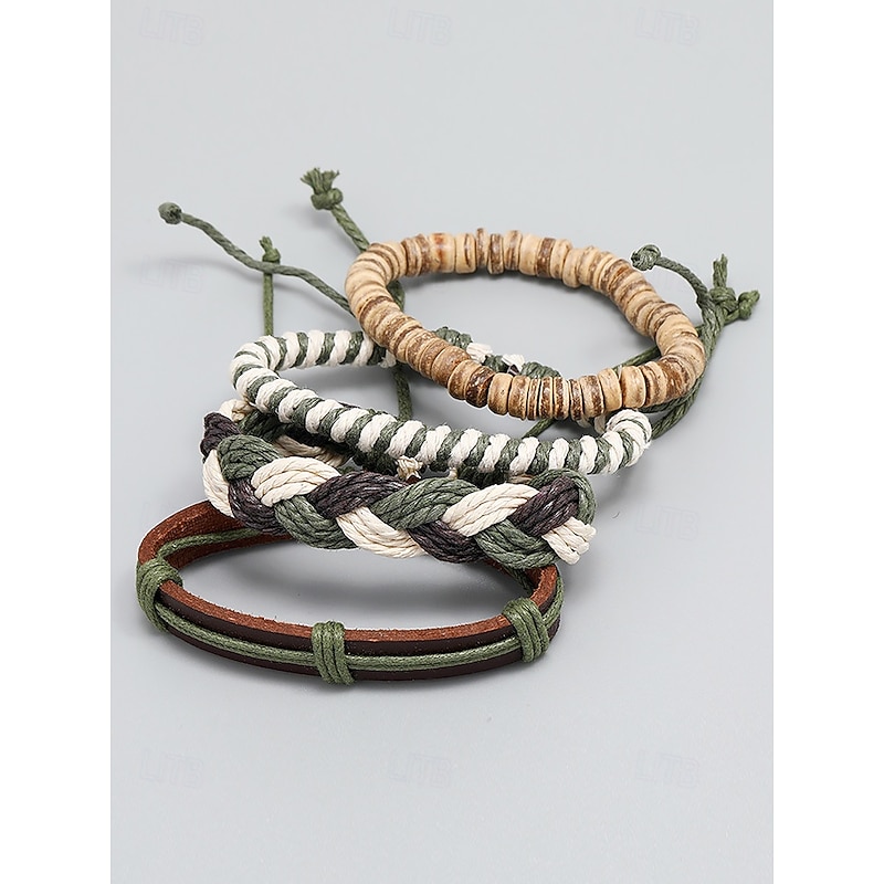 Men's Vintage Woven Bracelet Set – Multi-Layered Braided Leather and Rope Bracelets with Natural Bead Accents, Boho Style Accessory4