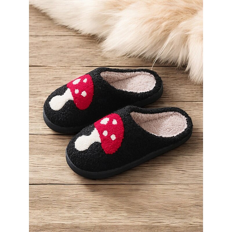 Women's Cozy Black Indoor Slippers with Red Mushroom Embroidery - Plush Lining, Non-Slip Sole, Perfect for Winter Home Relaxation2