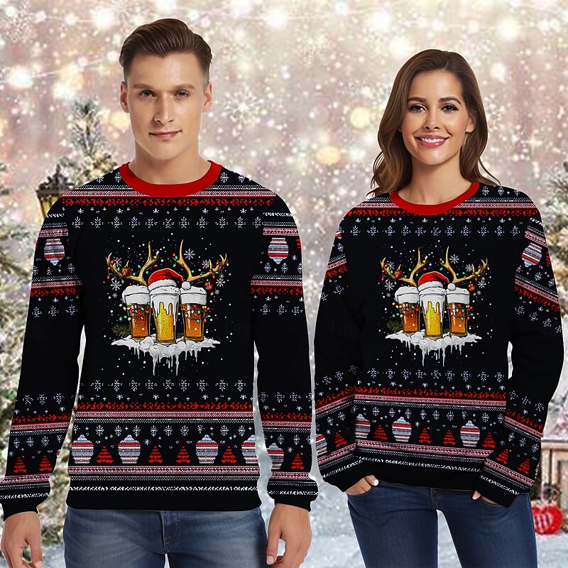 Santa Claus Reindeer Beer Pullover Funny Christmas Sweatshirt 3D Christmas Funny For Couple's Men's Women's Adults' Christmas Carnival 3D Print Party Festival