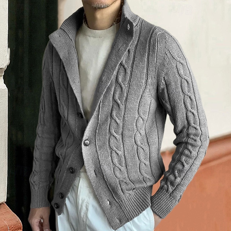 Men's Dress Sweater Cardigan Sweater Cable Knit Regular Button Up Solid Color Fashion Classic Daily Wear Date Clothing Apparel Fall & Winter Black khaki M L XL