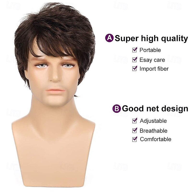 Mens Short Brown Wig Short Layered Wig Natural Fluffy Synthetic Cosplay Costume Wig for Men4