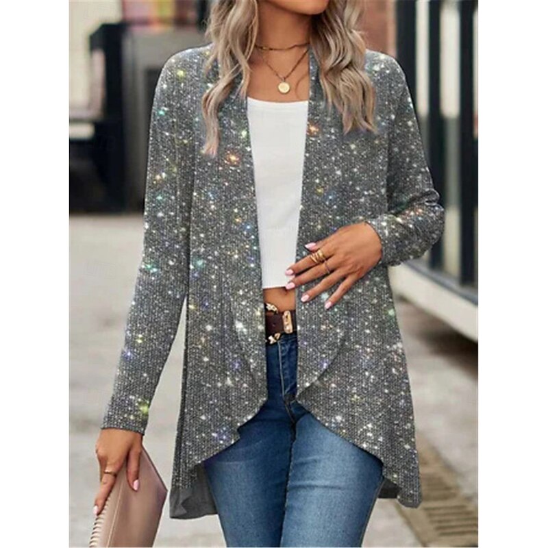 Women's Casual Jacket Outdoor Street Daily Wear Fall Winter Regular Coat Regular Fit Thermal Warm Breathable Stylish Casual Jacket Long Sleeve Plain Sequins Silver Black Red2