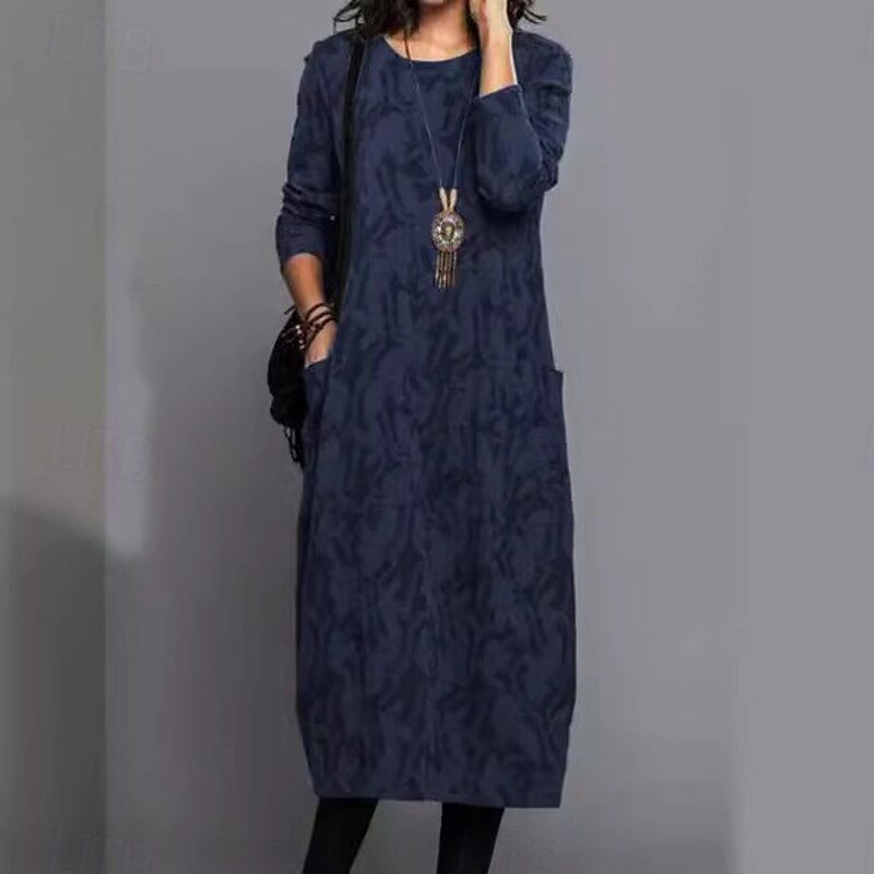 Women's Floral Crew Neck Midi Dress Long Sleeve Spring Fall2