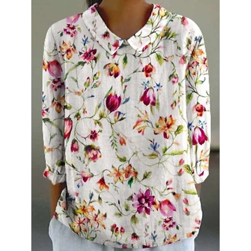 Women's Shirt Linen-Inspired Shirts Long Sleeve Shirt Collar White Blue Green Spring Fall4