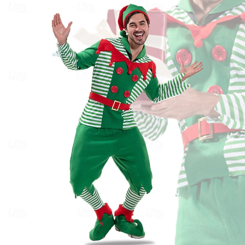 Elf Outfits Men's Christmas Cosplay Costume Adults Christmas New Year Christmas Eve Christmas Top Pants Shoes Hat