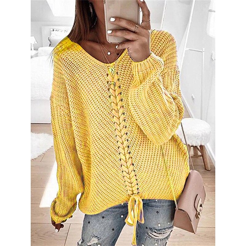 Women's Sweater Casual Soft Pure Color Cable V Neck Knitted Long Sleeve Regular Tops Knit Outdoor Daily Weekend Yellow Blue Fall Winter