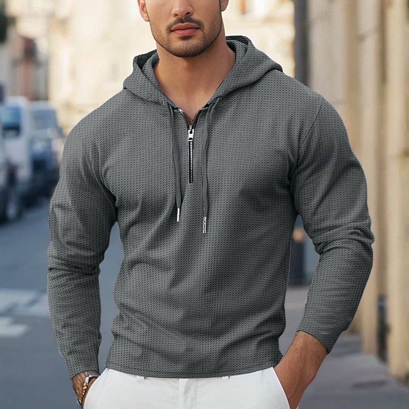 Men's Waffle Tee T Shirt Zip Up Hoodies Long Sleeve Hoodie Spring Fall Spring &  Fall Solid Color Knitwear Daily Color-Blocking Outdoor Causal Casual Black White Light Gray Top Tee for Men