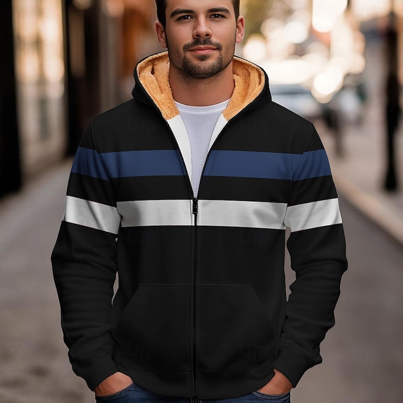 Men's Color Block Fleece Hoodies Fashion Cool Long Sleeve Hooded Holiday Streetwear Black Blue Zipper Pocket Fall Winter Designer2
