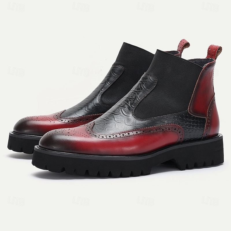 Men's Premium Cowhide Chelsea Boots – Red and Black Leather Brogue Detail with Textured Pattern, Rugged Sole, Stylish Casual & Formal Footwear2