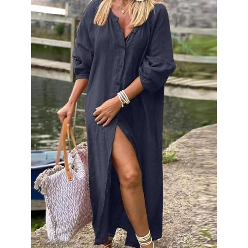 Women's Navy Blue Green Gray Spring Fall Maxi Dress Linen-Inspired Dresses Fashion Daily Outdoor Work Loose Fit Square Neck4