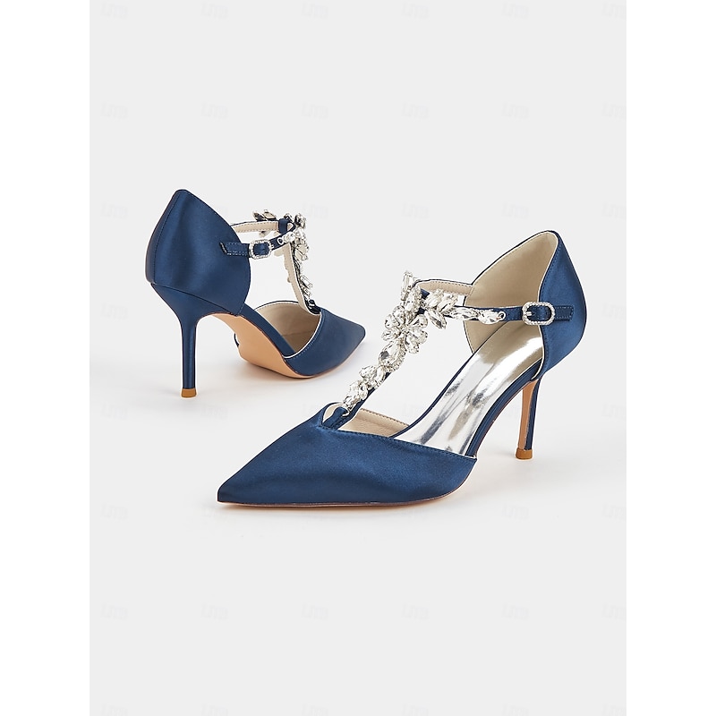 Women's Navy Blue Satin T-Strap Heels – Pointed Toe Cocktail Shoes with Crystal Embellishments for Wedding and Evening Parties2