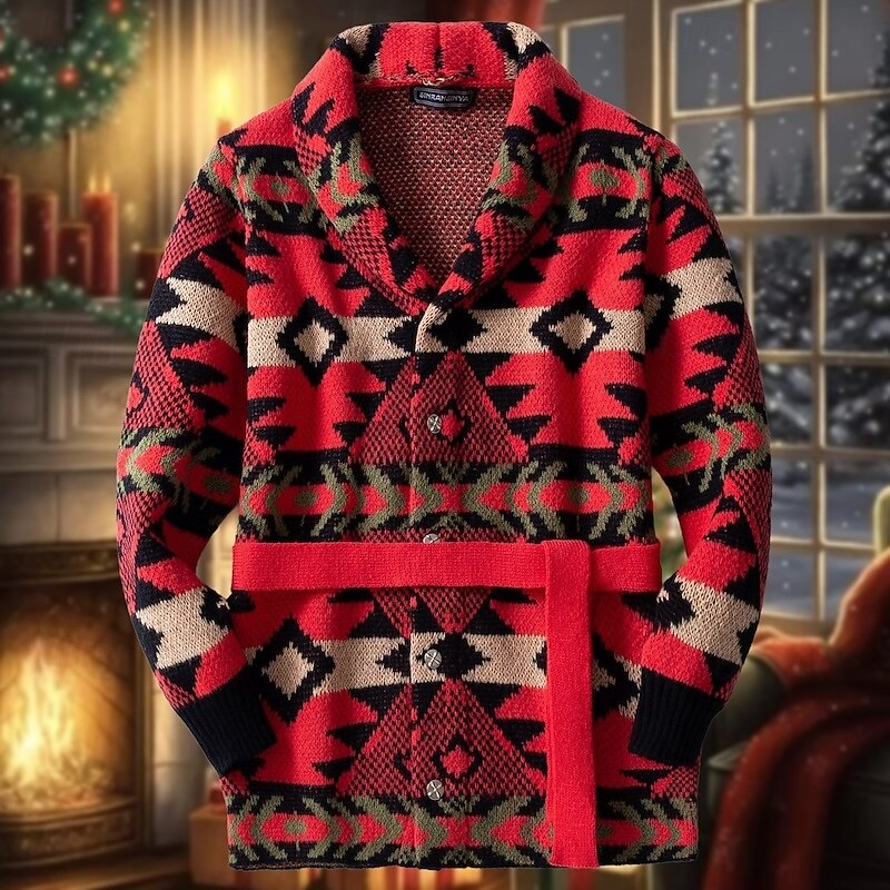 Men's Jacquard Sweater Cardigan Sweater Cropped  Sweater Knit Sweater Ribbed Crochet Knit Tunic Knitted Jacquard Vintage Shawl Collar Fashion Classic Daily Wear Date Clothing Apparel Fall & Winter Red
