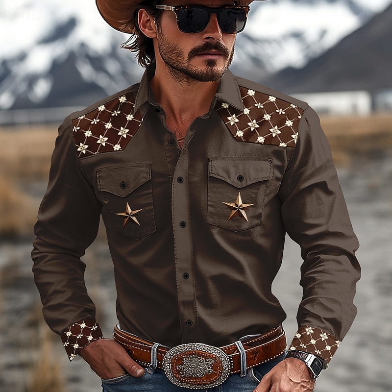 Men's Pentagram Western Shirt Cowboy Shirt Long Sleeve Western Sport Spring Fall Turndown Patchwork Dark Brown Brown4