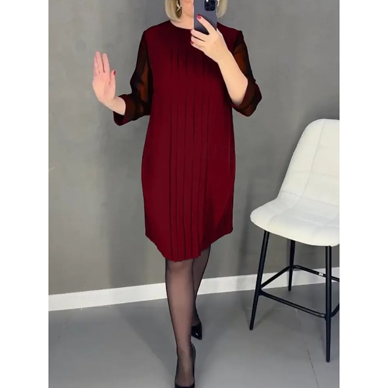 Women's Vintage Dress Mini Dress Patchwork Shirred Elegant Formal Crew Neck Long Sleeve Black Red Green Color2