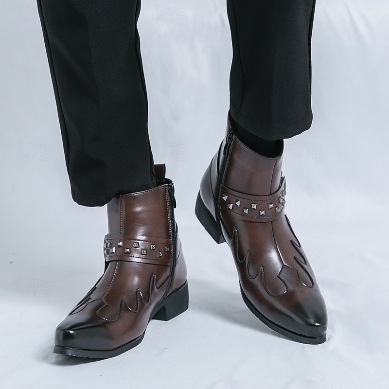 Men's Black Faux Leather Ankle Boots with Studded Strap and Unique Embroidery, Stylish Western Design, Perfect for Casual and Night Out Wear 19