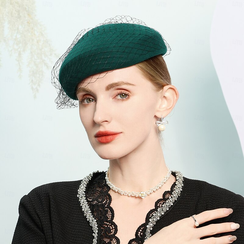 Hats 100% Wool Beret Hat Bowler / Cloche Hat Wedding Tea Party Elegant Wedding With Pure Color Tulle Headpiece Headwear3