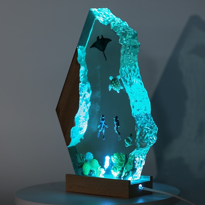 Ocean Resin Night Light, Handmade USB Wooden Table Lamp  for Home & Office Decor, Unique Art Ornament & Christmas Gift