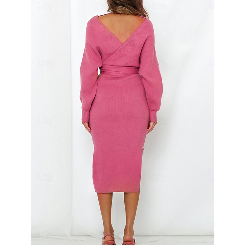 Women's Sweater Sweater Dress Casual Soft Pure Color Ribbed V Neck Lace up Split Knitted Long Sleeve Long Tops Knit Outdoor Daily Weekend Pink Khaki Fall Winter