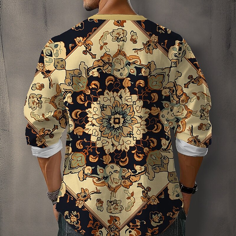 Men's Floral Shirt Button Up Shirt Henley Shirt Long Sleeve Vintage Casual Vacation Daily Beach Wear Summer Spring Fall Collarless V Neck 3D Print Buttons Khaki2