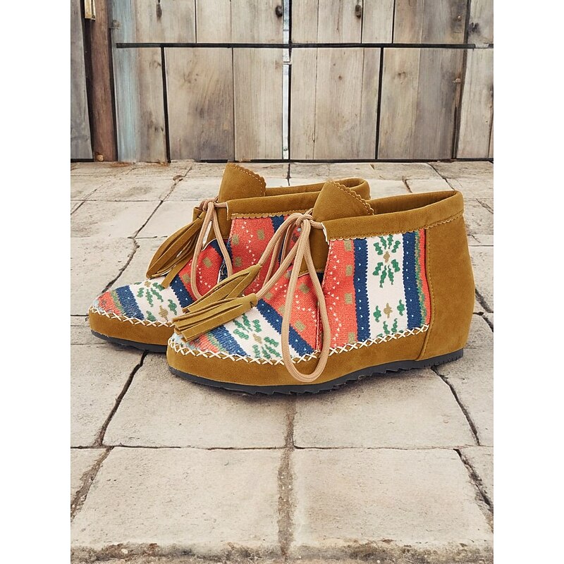 Women's Boho Ankle Boots with Ethnic Print Panels, Tassel Lace-Up Design, and Comfortable Low Sole – Perfect for Casual and Festival Wear