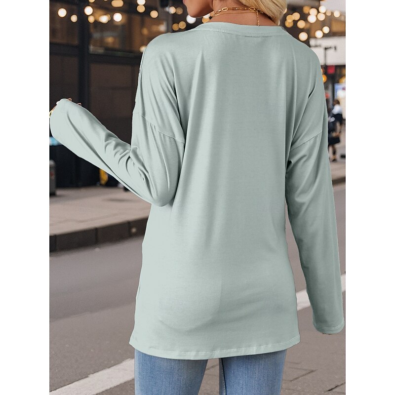 Women's T Shirt Modern Casual Print Long Sleeve Regular Tops V Neck  Daily Red Blue Brown Light Blue Fall Winter2
