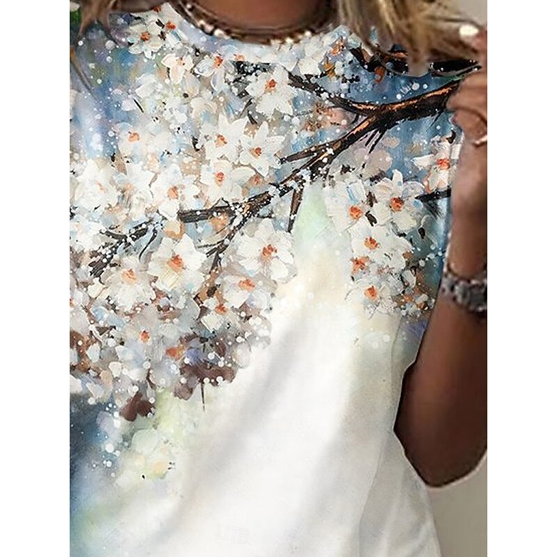 Women's T Shirt Floral Plants Casual Short Sleeve Round Neck Regular Tops Daily Print White Summer Spring3