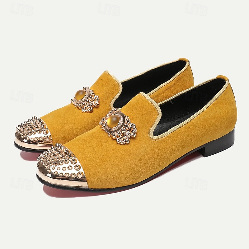 Men's Yellow Leather Loafers with Jeweled Embellishment and Studded Metallic Cap Toe – Premium Cowhide Statement Dress Shoes for Special Occasions3