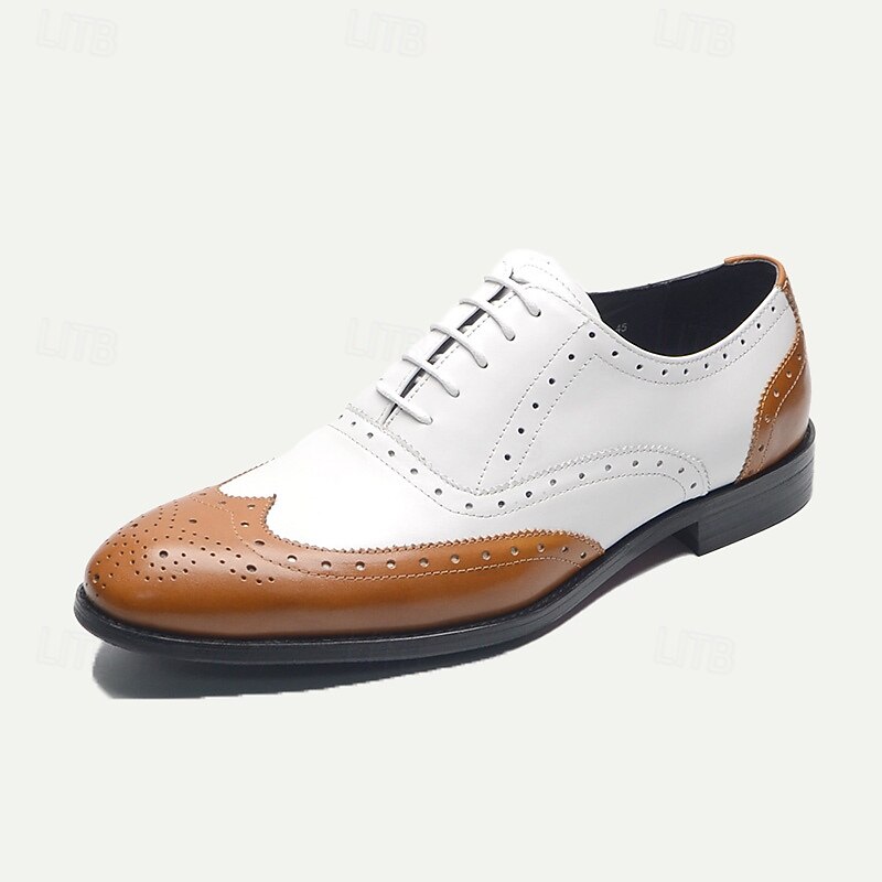 Men's White & Brown Leather Wingtip Oxford Shoes with Brogue Detailing – Premium Cowhide Formal Dress Shoes for Business & Special Occasions3