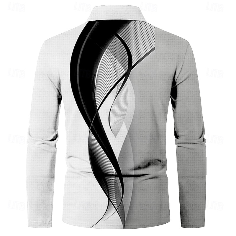 Men's Curve Waffle Polo Shirts Golf Shirt Long Sleeve Polo Shirts Collared Shirts Casual Business Casual Formal Office Dailywear Buttons 3D Print Spring Fall Winter Black Blue Light Grey4