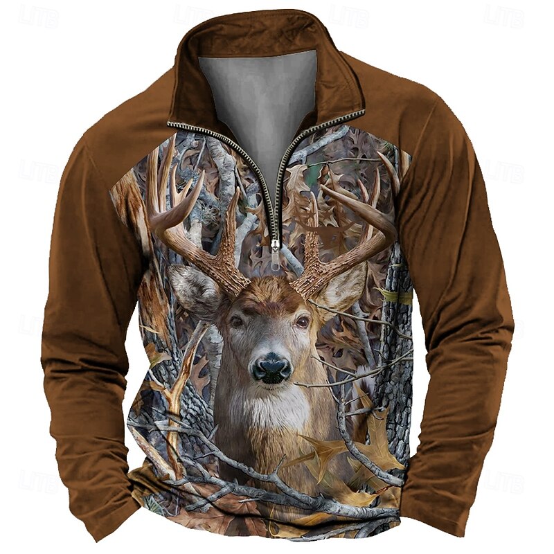 Men's Deer Zip Polo Shirts Long Sleeve Polo Shirts Collared Shirts Vintage Casual Outdoor Street Dailywear 3D Print Spring Fall & Winter Black Brown Khaki4