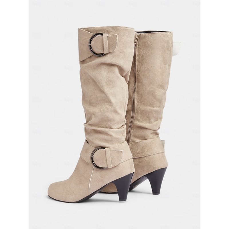 Women's Beige Suede Knee-High Boots with Buckle Detail – Stylish Mid-Heel Boots for Fall and Winter Outfits